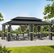 Load image into Gallery viewer, Permanent Hardtop Gazebo 12' x 20' w/ 4 LED Lights, Outdoor Gazebo w/Galvanized Steel Double Roof, Patio Gazebo w/Decor Hooks