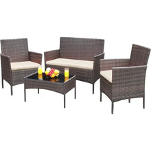 Load image into Gallery viewer, Outdoor Sofa Set of 4 with Soft Cushion and Glass Table, Patio Furniture 4 Pieces Conversation Set, Outdoor Wicker Rattan Chairs