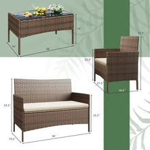 Load image into Gallery viewer, Outdoor Sofa Set of 4 with Soft Cushion and Glass Table, Patio Furniture 4 Pieces Conversation Set, Outdoor Wicker Rattan Chairs
