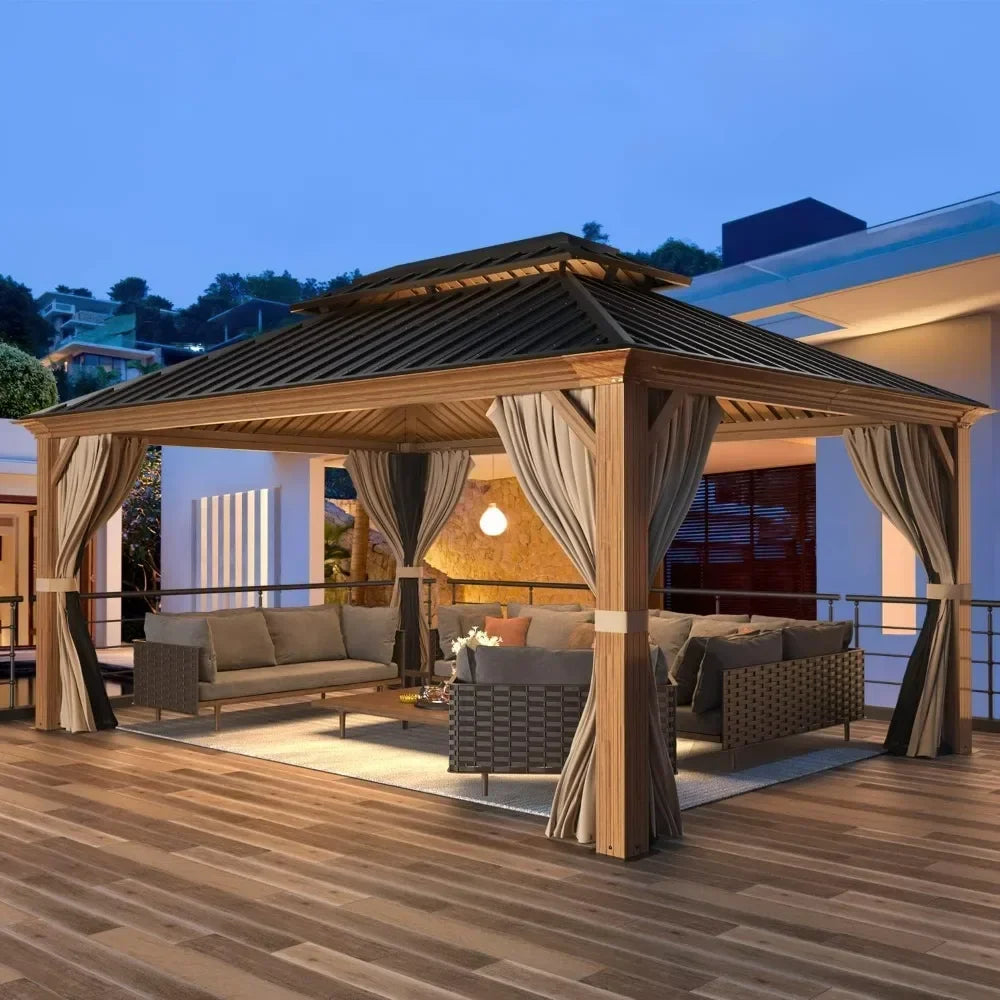 12' X 16' Hardtop Gazebo, Coated Aluminum Frame Gazebo with Galvanized Steel Double Roof, Metal Gazebo with Curtain and Netting