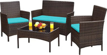 Load image into Gallery viewer, Outdoor Sofa Set of 4 with Soft Cushion and Glass Table, Patio Furniture 4 Pieces Conversation Set, Outdoor Wicker Rattan Chairs
