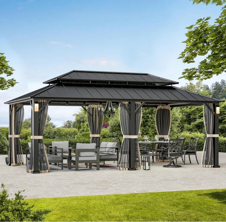 Permanent Hardtop Gazebo 12' x 20' w/ 4 LED Lights, Outdoor Gazebo w/Galvanized Steel Double Roof, Patio Gazebo w/Decor Hooks