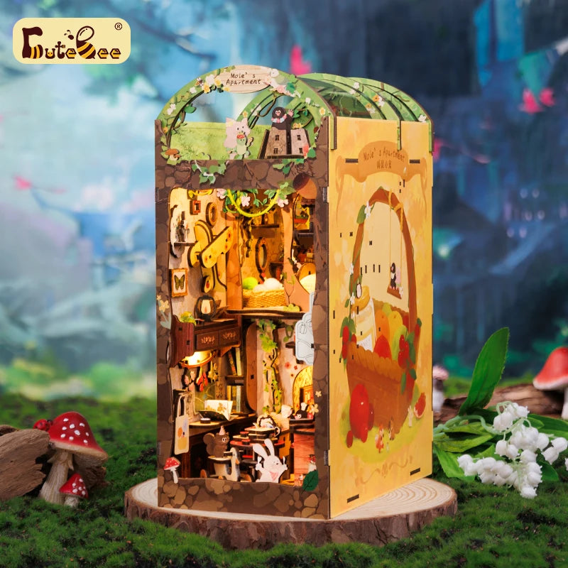CUTEBEE Wooden Dollhouse Kit Miniature Doll House Kits Booknook Bookshelf Book Nook with Dust Cover Bookends Christmas Gift