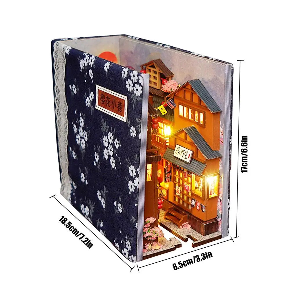 Creative DIY Book Nook Kit Decorative Japanese Style Bookend Insert Bookcase Book Stand Miniature House with LED Light Gift